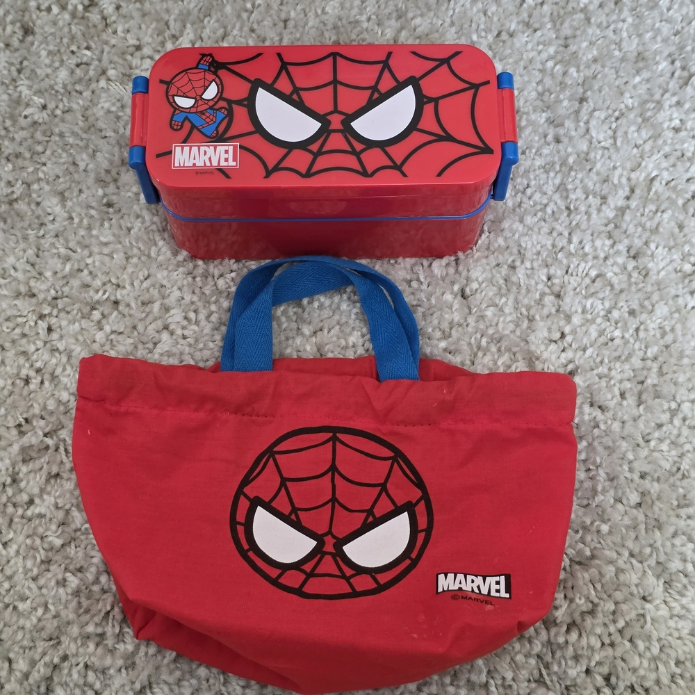 Marvel Red Spiderman Lunch Tote and Box Set with Blue Handles